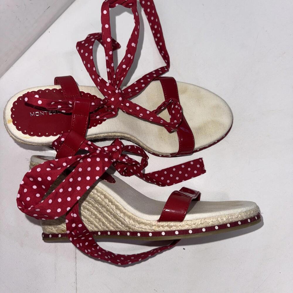 VTG Y2K Montego Bay Club‎ Red Polka Dot Espadrille Ankle Tie Wedge Sandals 40